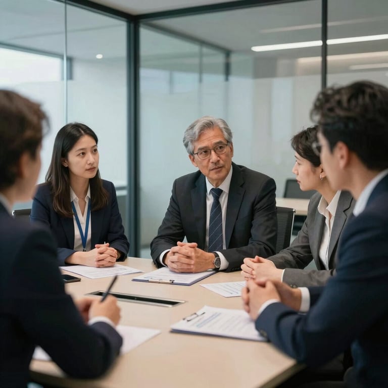 Professional colleagues in International / Professional attire discussing data-driven solutions in a modern, glass-walled conference room.