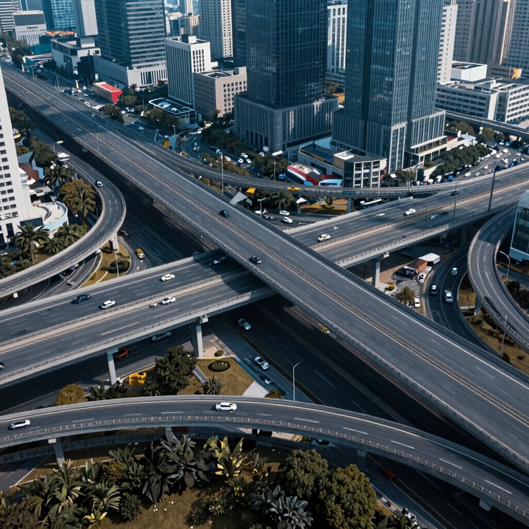 A wide-angle shot of a complex highway interchange in an International / Professional metropolitan area, emphasizing infrastructure design and Steel Blue color tones.