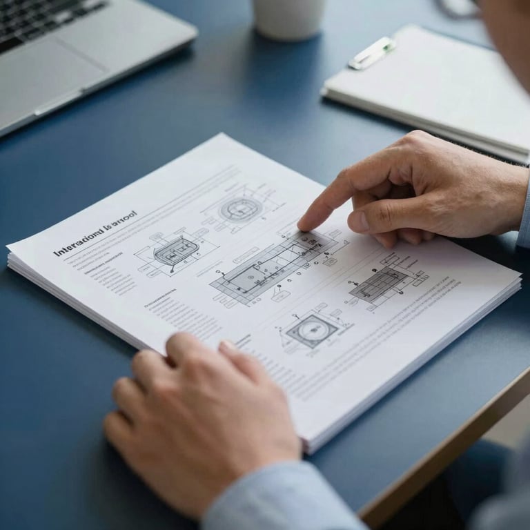 Close-up of a professional's hands pointing at a detailed technical engineering report on a sleek Navy Blue desk in an International / Professional office.