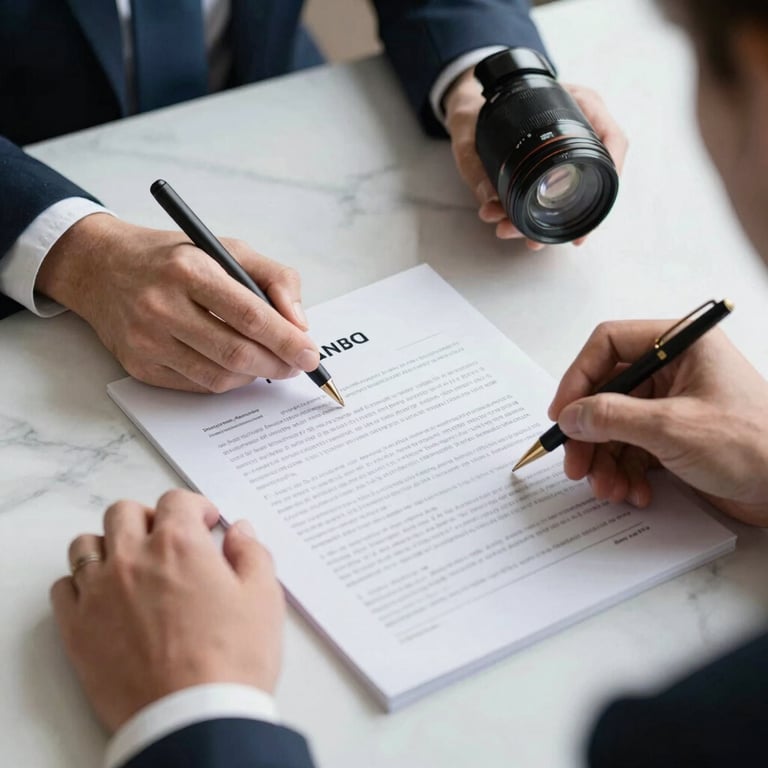 Close-up of a professional advisor's hands reviewing a legal investment contract on a white marble desk in Spain.