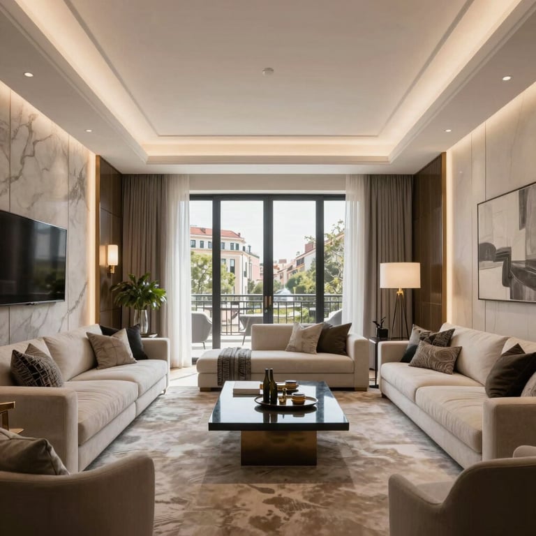 View of an elegant, modern luxury living room in a central Madrid apartment with high ceilings and sophisticated Hispanic design.