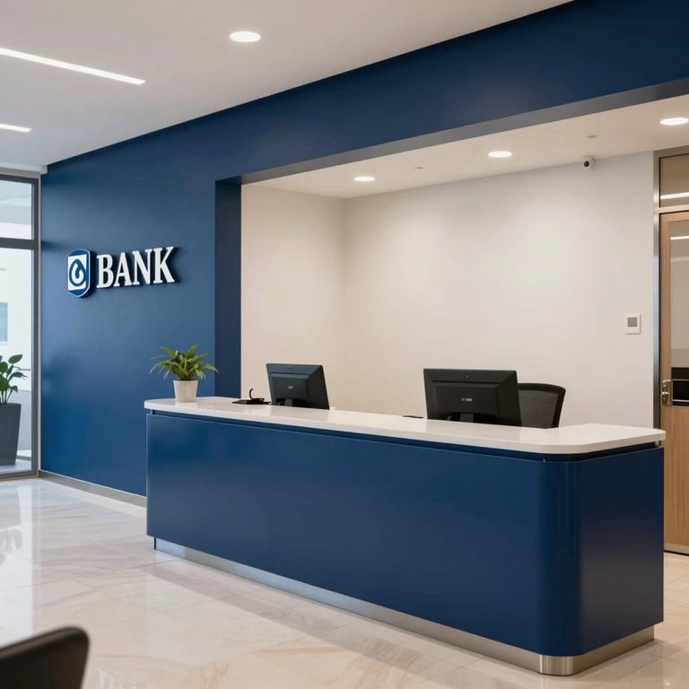 Interior of a premium bank office in Spain, representing financial advisory with clean lines and a professional deep blue atmosphere.