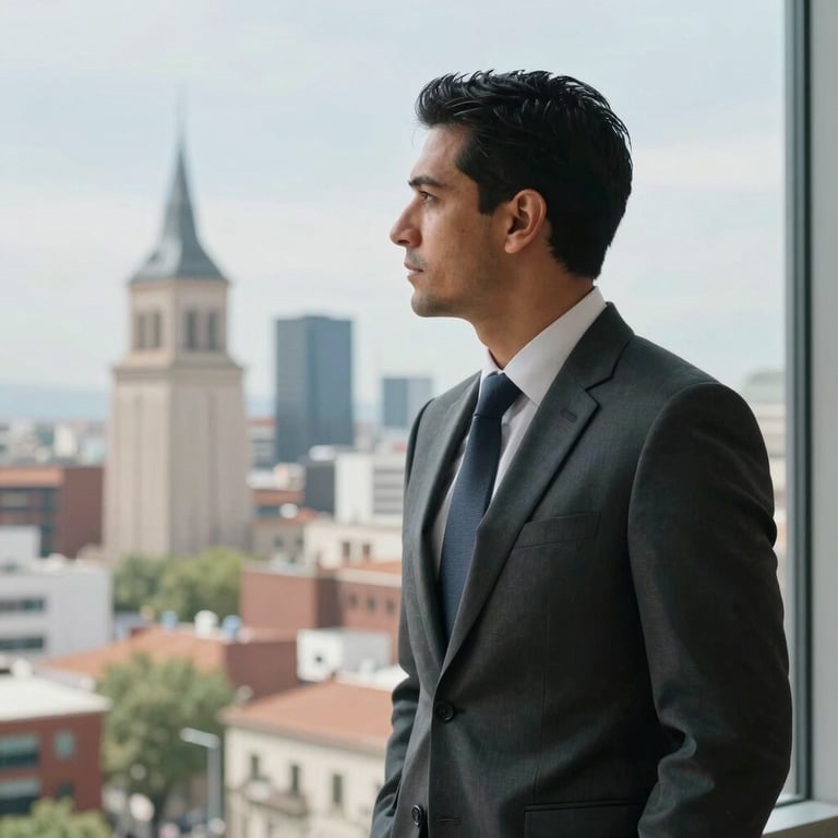 A professional Hispanic man in a business suit looking out a window at the Madrid skyline, reflecting on immigration and investment strategy.