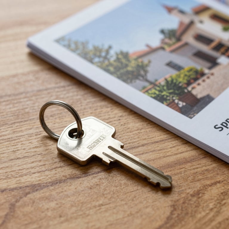 Close-up of a house key on a modern wooden table next to a property brochure for the Spanish market.