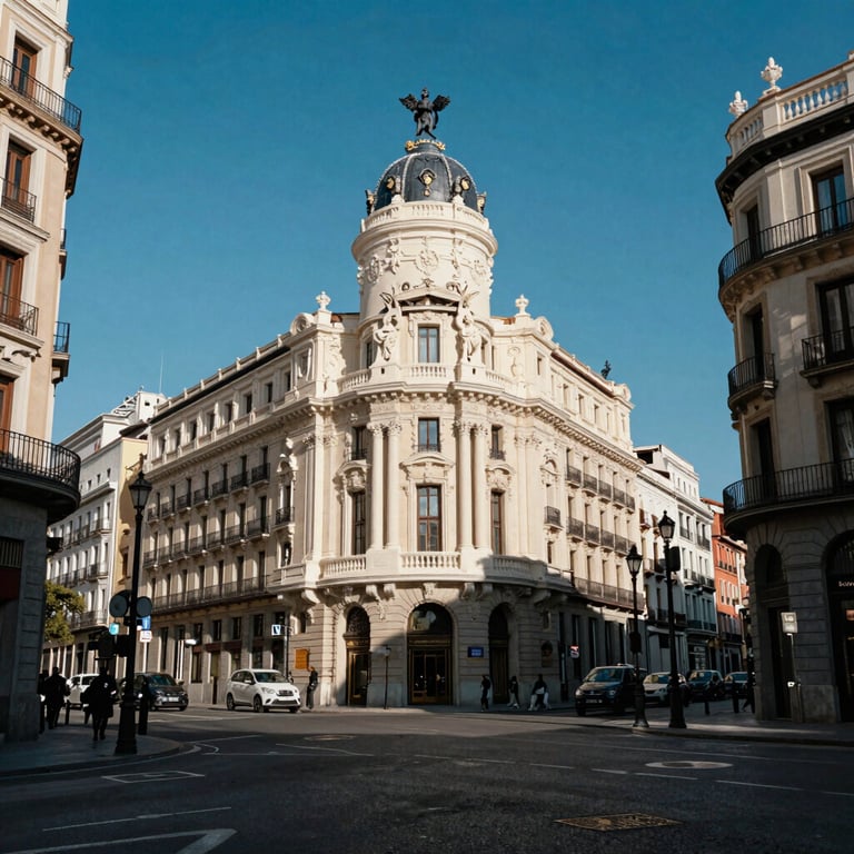 A wide, bright shot of a historic Madrid street showing beautiful architecture and clear blue skies, representing real estate opportunities.