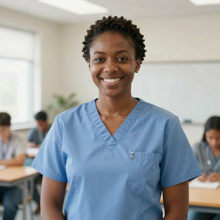Bright editorial portrait of an African American female clinical instructor in professional scrubs, modern classroom setting, warm friendly expression, soft lighting, 35mm