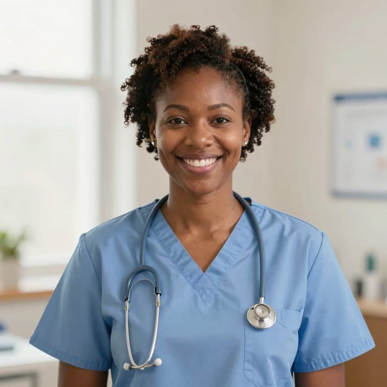 Bright editorial portrait of a smiling African American female registered nurse in professional scrubs, warm clinic environment, soft natural lighting, 35mm