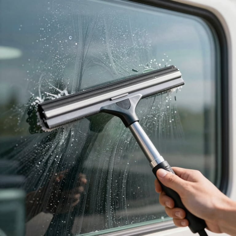 Close-up of a squeegee cleaning a streak-free window, bright daylight, professional service.