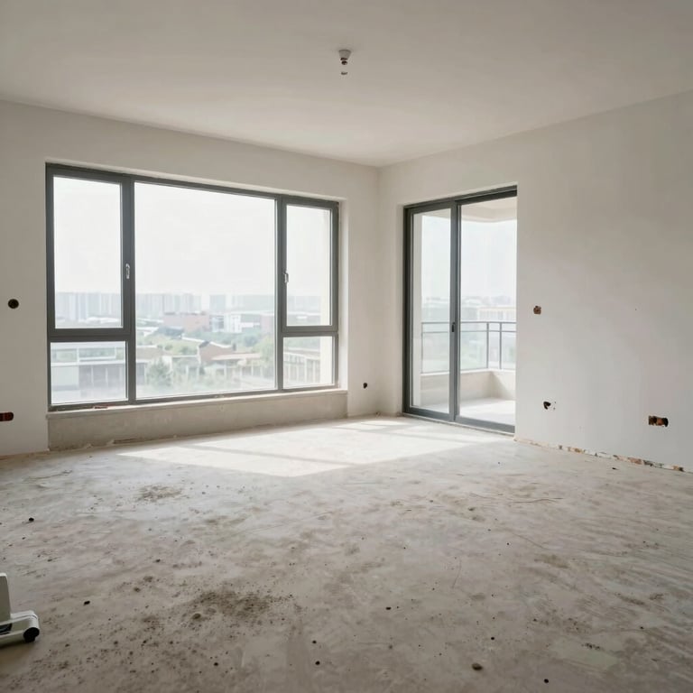 A clean interior of a newly built apartment after construction cleaning, dust-free floors and windows.