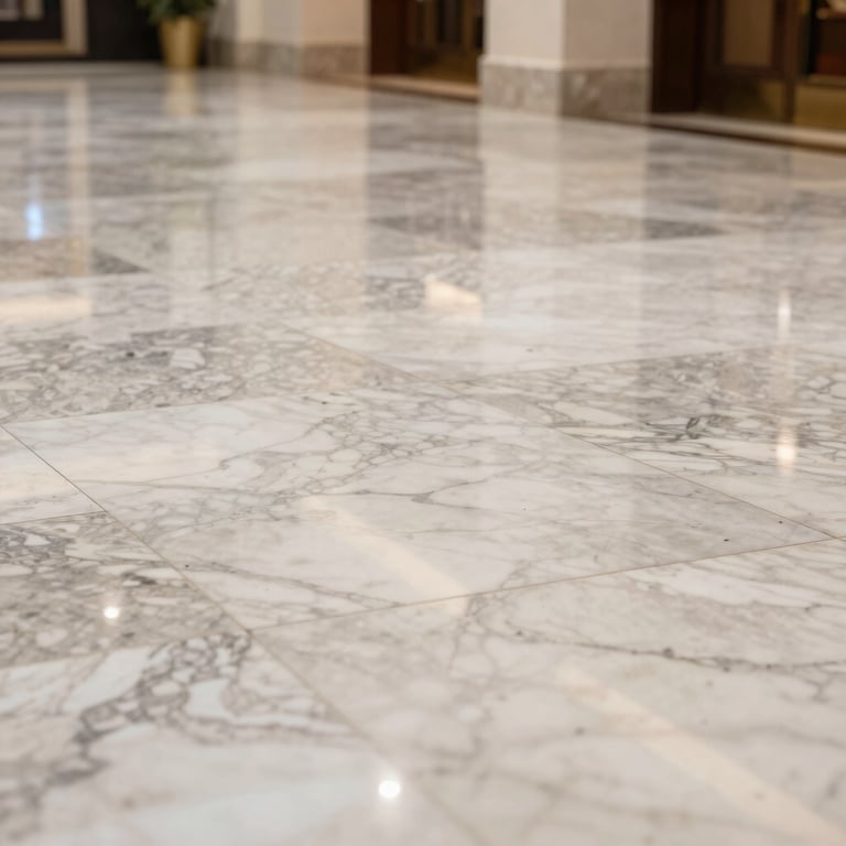 A freshly polished marble floor in a bright hotel lobby, Central European / German style, professional ground cleaning result.