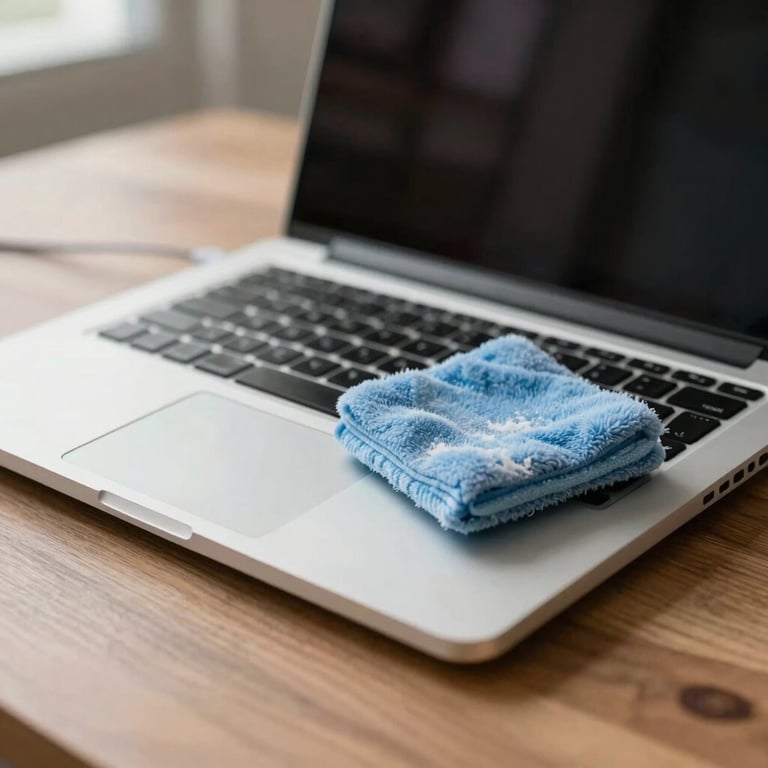 A tidy office desk with a laptop, cleaned and dusted, representing maintenance cleaning.