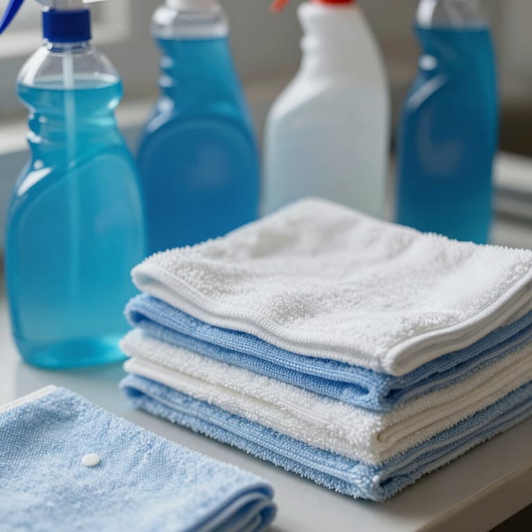 Close-up of professional cleaning supplies like microfiber cloths and blue liquids in a tidy arrangement.