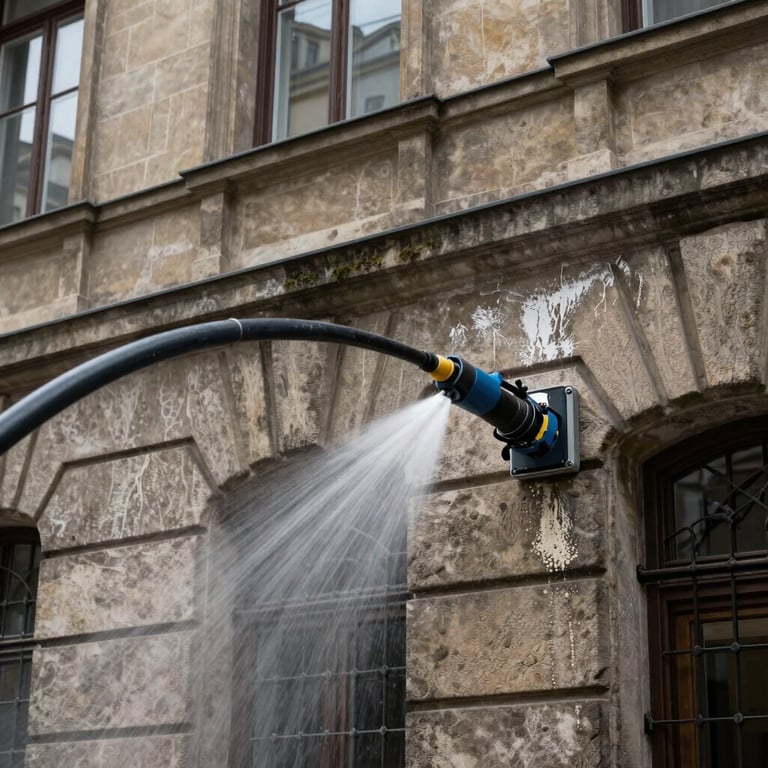High-pressure cleaning of a stone building facade, removing grime, Central European / German urban setting.