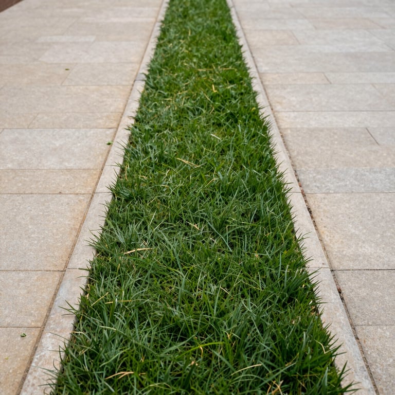 Crisp lawn edging along a stone walkway, highlighting the sharp contrast between the light stone and deep green grass.