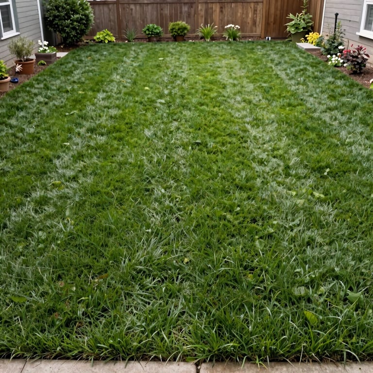 A before-and-after split of an overgrown North American backyard transformed into a manicured lawn with dark green grass and clean edges.