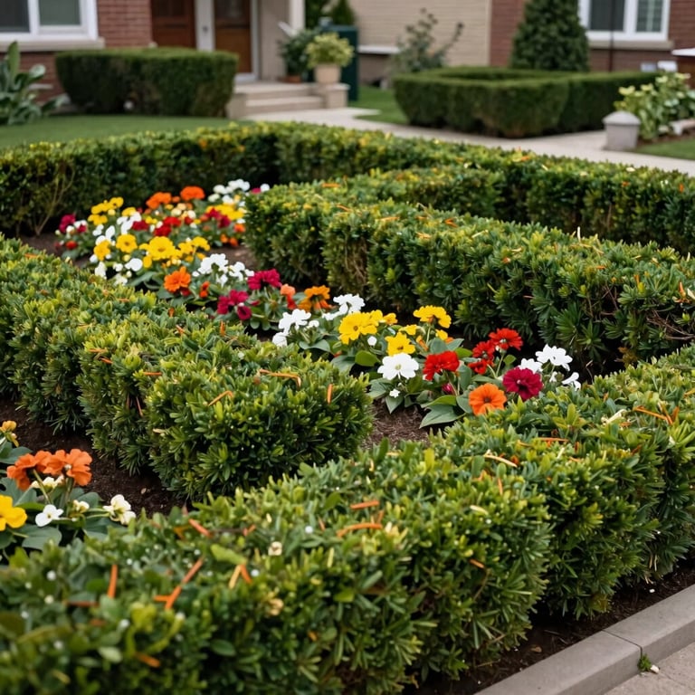 A wide shot of a neatly trimmed hedge and vibrant flower bed in a Chicago suburb, showcasing modern landscaping maintenance.