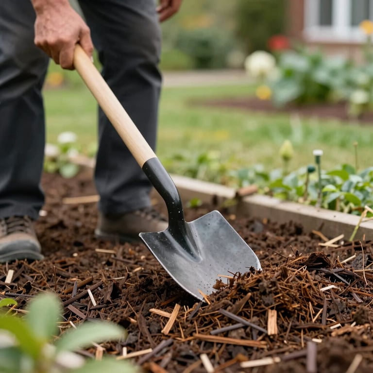 A close-up of a professional landscaper installing fresh mulch in a residential garden bed using a shovel.