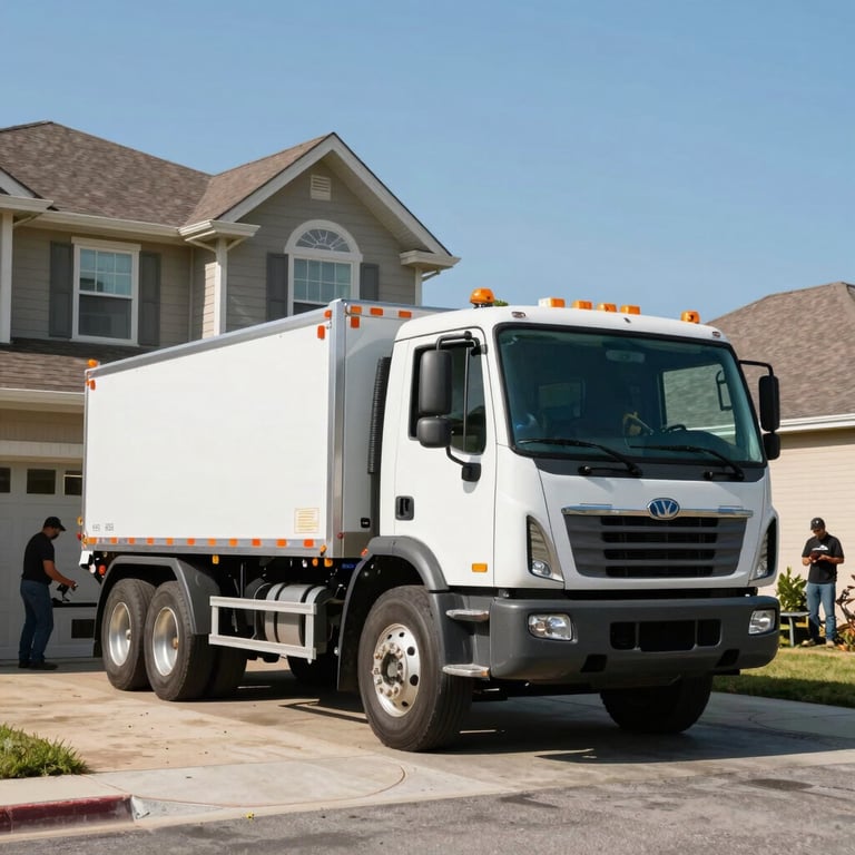 A professional landscaping truck parked in front of a suburban home, with the team finishing a project under a clear blue sky.
