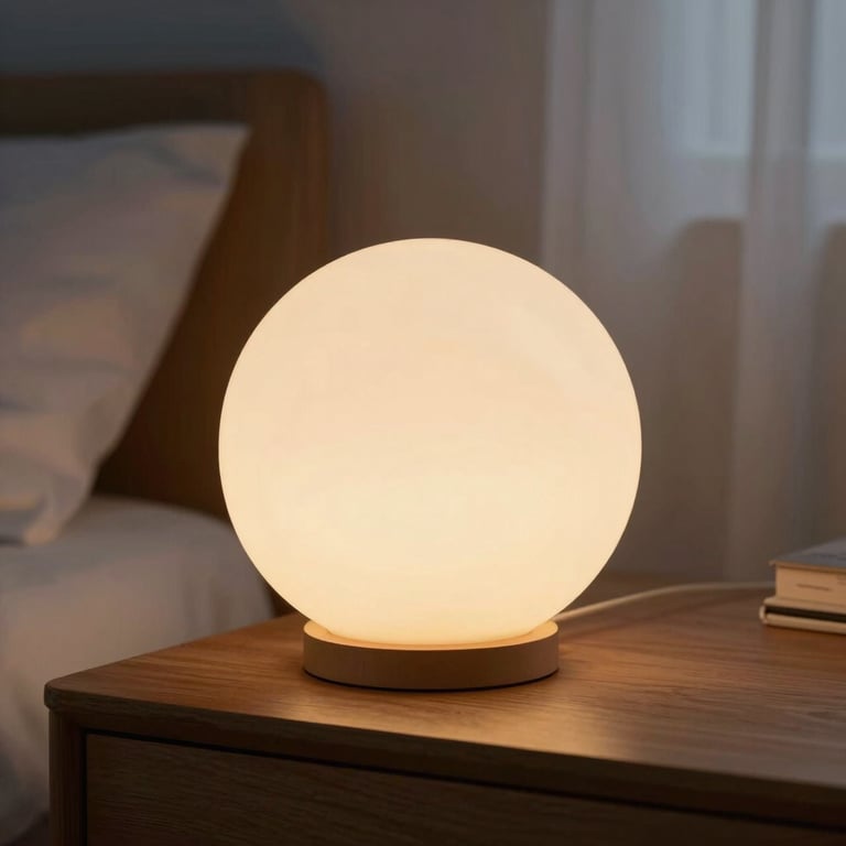 A close-up of a warm, soft-focus glowing sphere of light sitting on a wooden bedside table in a quiet room at twilight, diffused natural light