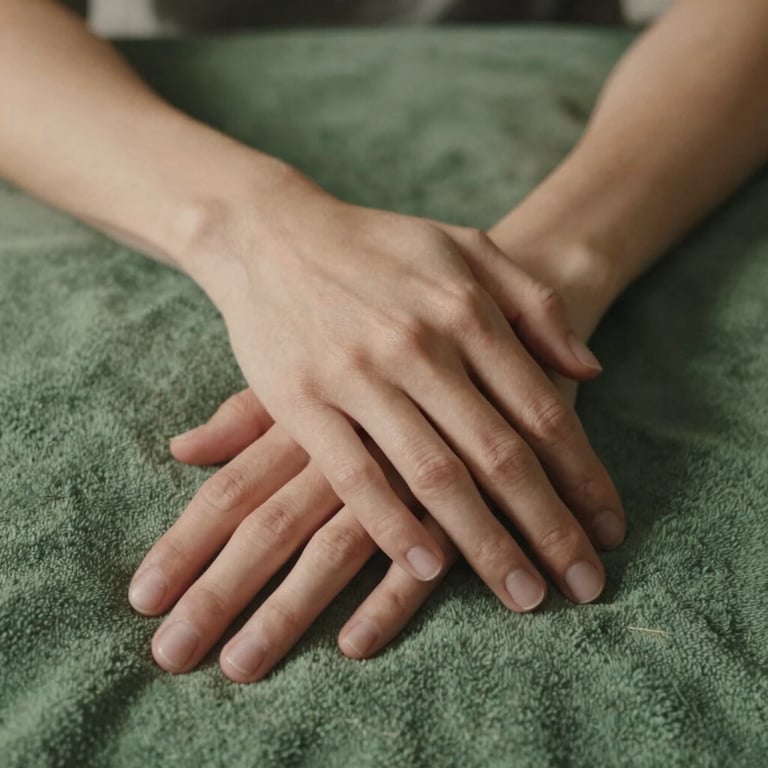 Close-up of two hands resting together on a soft green blanket, gentle indoor ambient light, warm and supportive.