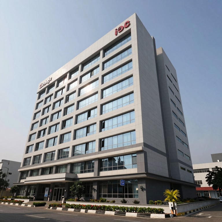 A low-angle exterior shot of a modern, multi-story pharmaceutical headquarters in a premier Indian business park.