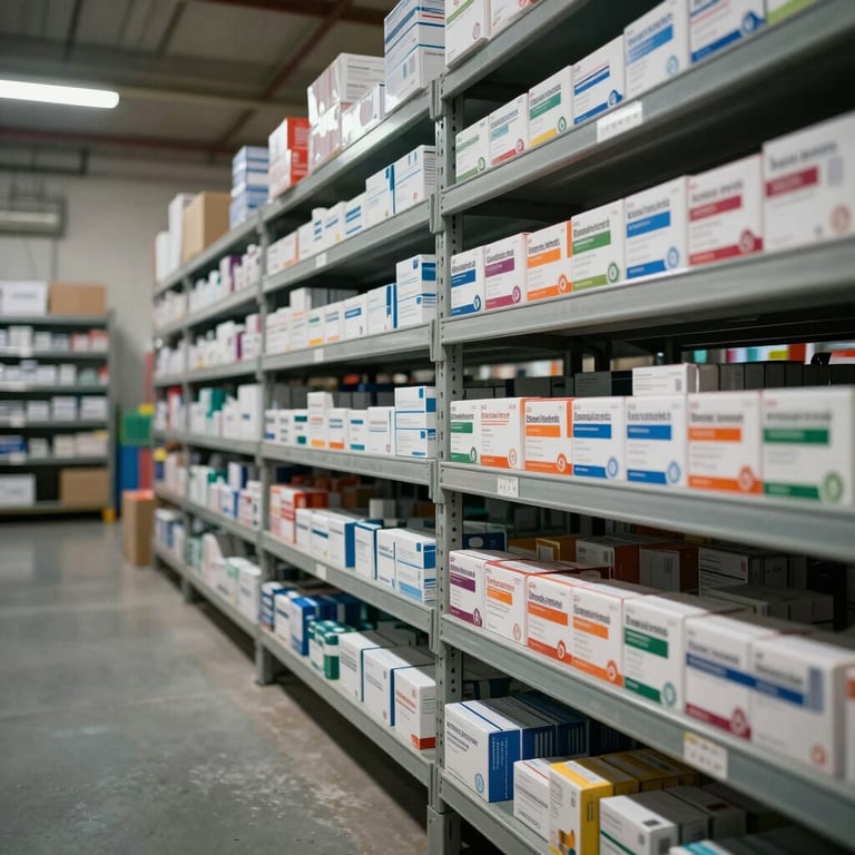 A wide shot of a pharmaceutical warehouse in South Asia, showing organized shelves of medicine boxes ready for distribution.