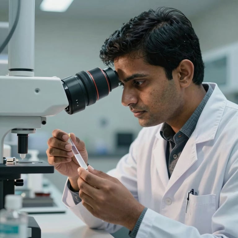 A South Asian quality control specialist in a lab coat examining a medical sample under professional laboratory lighting.