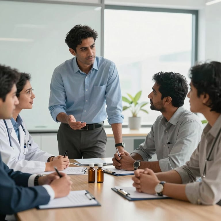 A group of diverse South Asian professionals discussing medicine formulations in a brightly lit, modern meeting room.