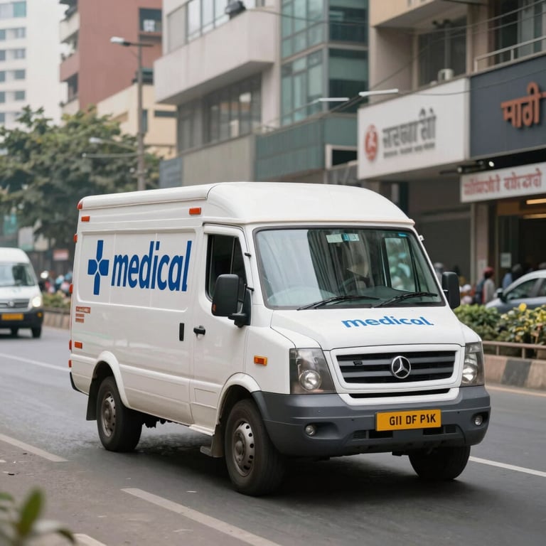 A professional delivery van carrying medical supplies driving through a clean, modern urban street in an Indian city.