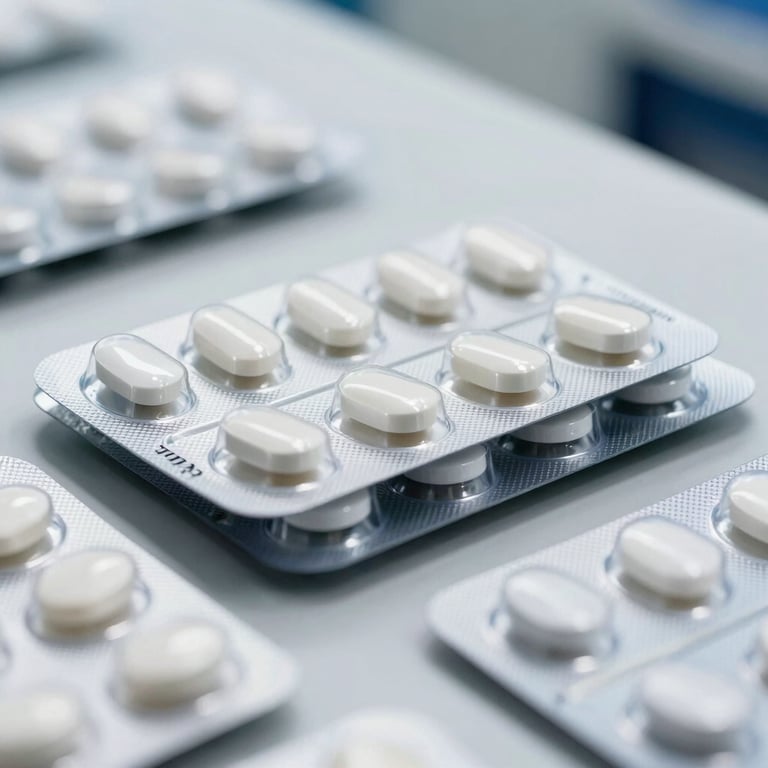 A close-up of pharmaceutical blister packs on a clean white surface, highlighting precision and modern manufacturing standards in an Indian facility.
