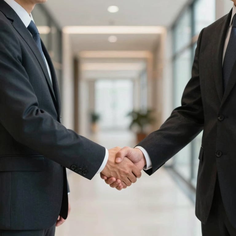 Two legal professionals in formal suits shaking hands in a well-lit modern hallway, symbolizing trust and client results.