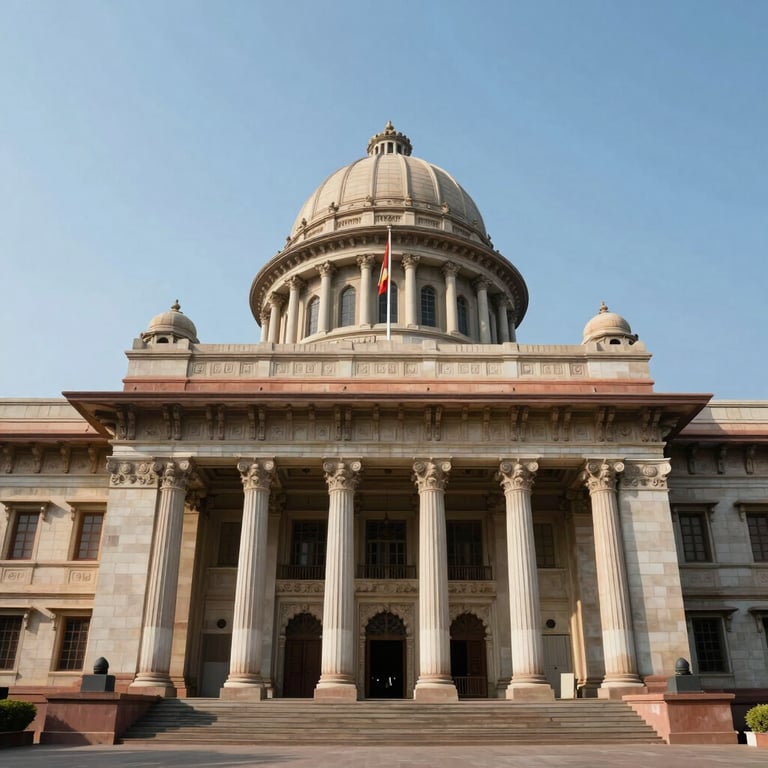 The architectural facade of a grand Indian courthouse with columns and a flag under a clear blue sky, capturing an authoritative atmosphere.