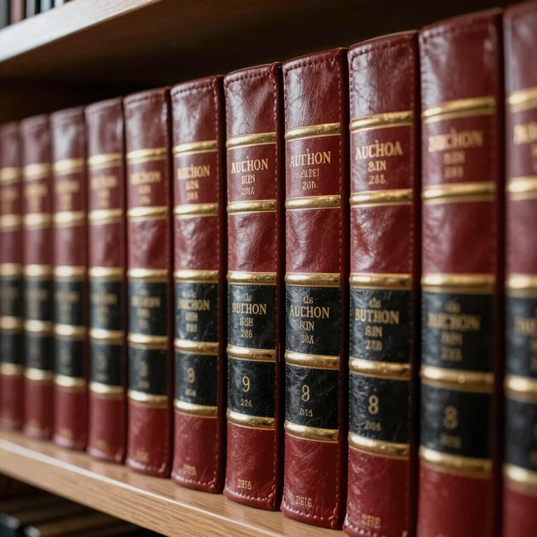 Rows of dark red and black leather-bound law volumes on a shelf, highlighting academic depth and experience.