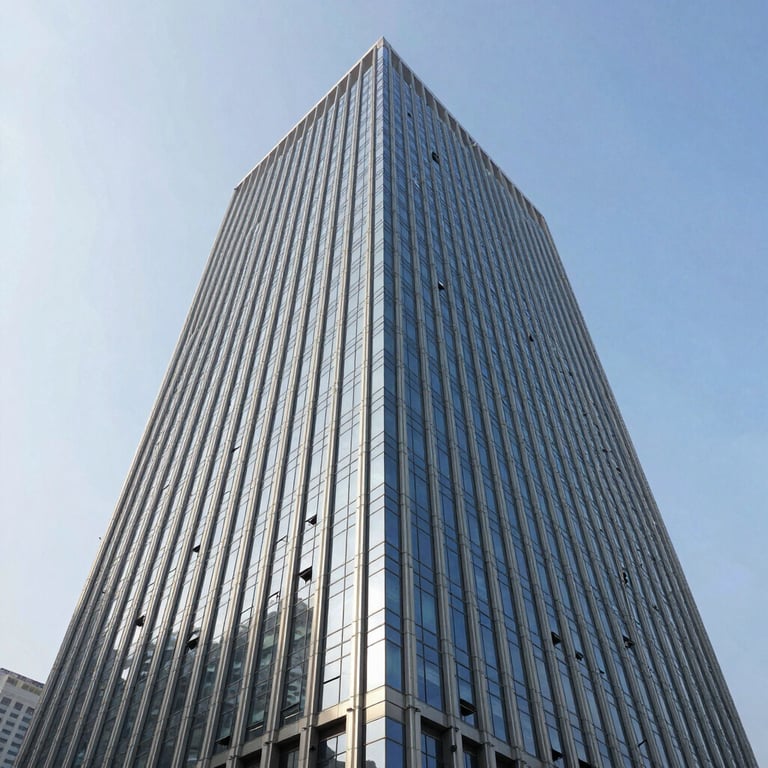 A low-angle shot of a tall office building with a modern glass exterior in a major Indian metropolitan area.