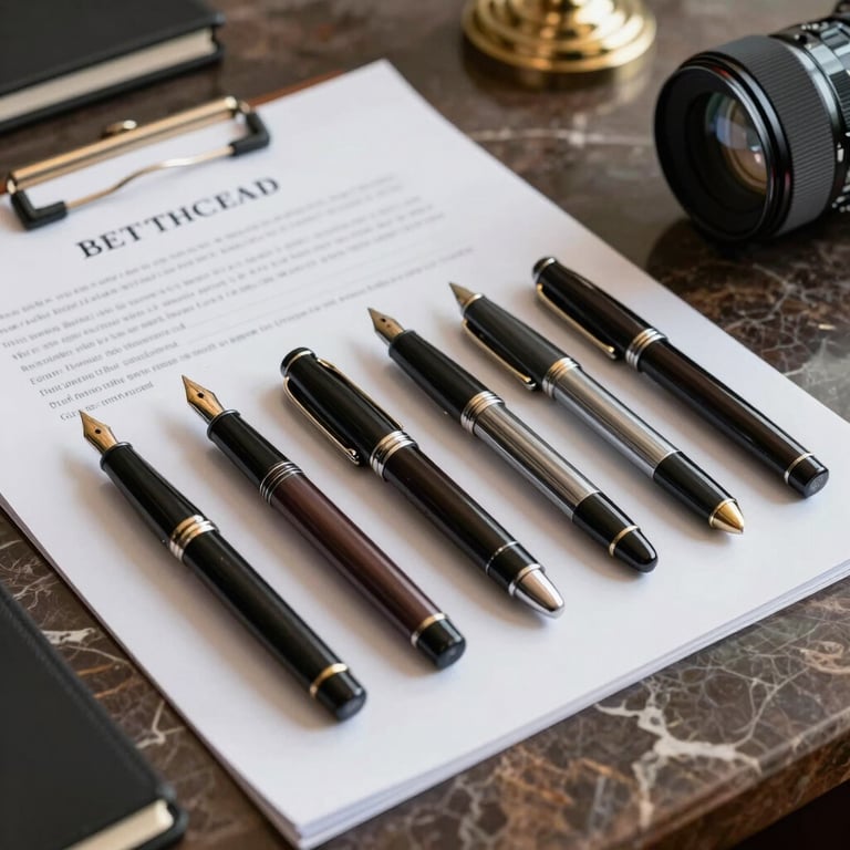 A set of professional fountain pens and legal documents on a marble desk in a premium South Asian office.