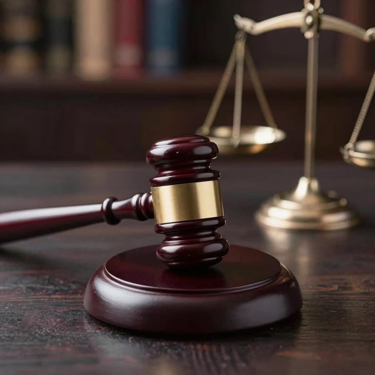 A close-up photograph of a wooden gavel and a silver scale of justice resting on a dark, polished desk, representing legal authority.