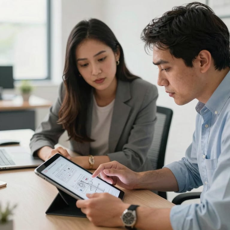 Modern South American professional reviewing technical plans on a digital tablet in a bright office.