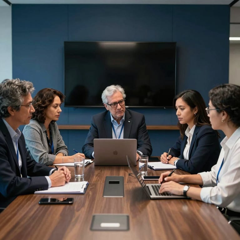 Diverse team of South American experts collaborating in a high-tech meeting room with dark blue accents.