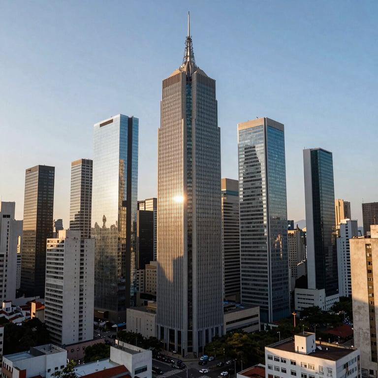 Wide shot of a modern city skyline in South America, reflecting urban engineering growth and success.