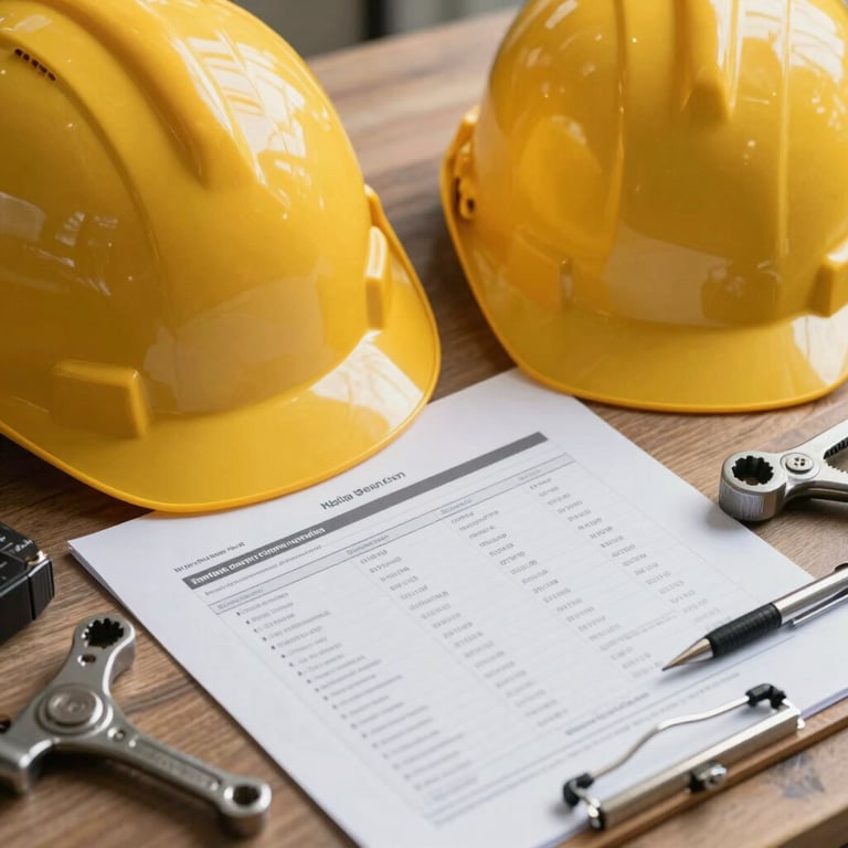 Clean workspace with a hard hat and engineering tools next to a high-end financial report.