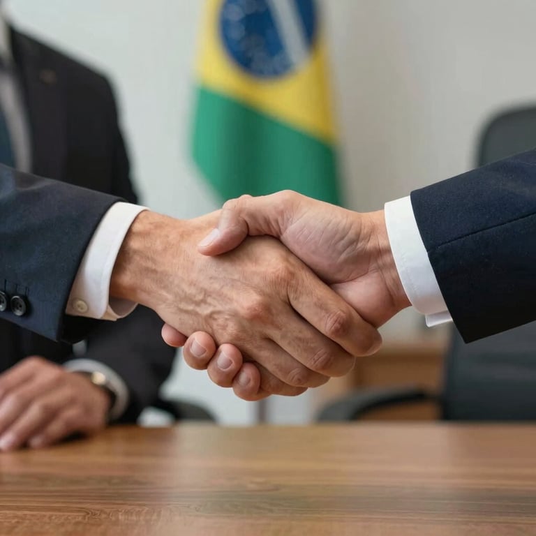 Close-up of a handshake between two professionals over a wooden desk in a corporate Brazilian setting.