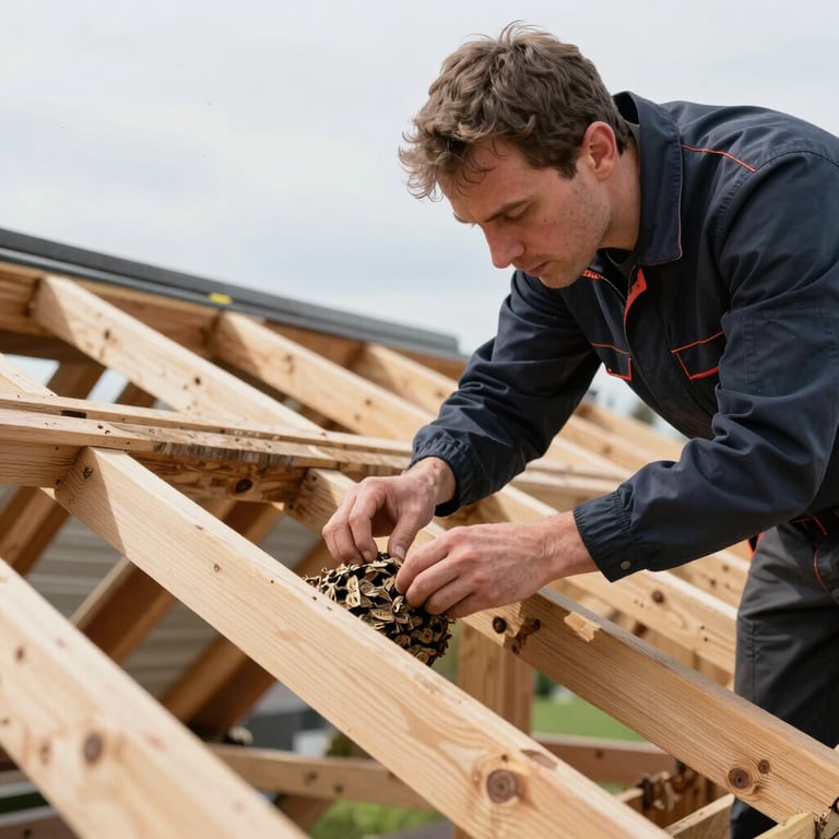 A professional technician carefully inspecting a wooden roof structure for a wasp nest in Norddeutschland, bright natural lighting.