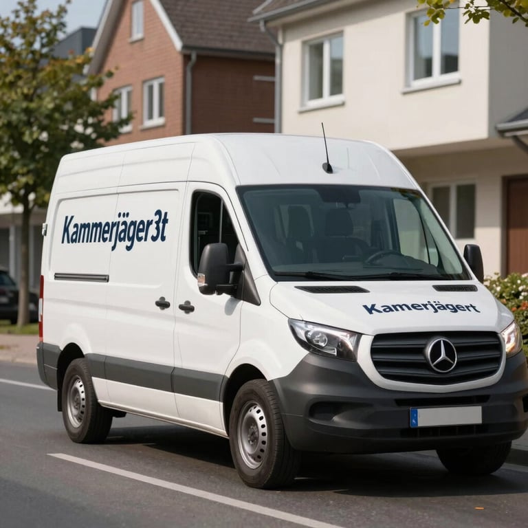 Detailed view of a modern service van with 'Kammerjäger' branding driving through a clean Hamburg suburb.