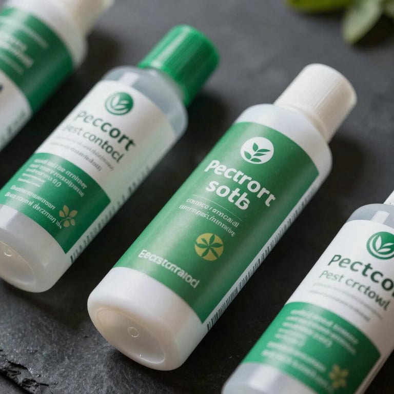 Close-up of high-quality, eco-friendly pest control supplies on a clean surface, forest green and dark slate color palette.