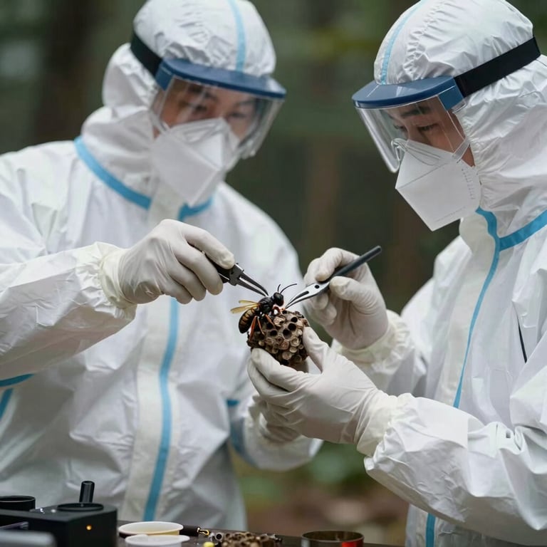 A technician in protective gear safely relocating a hornet nest using professional tools, efficient and focused lighting.