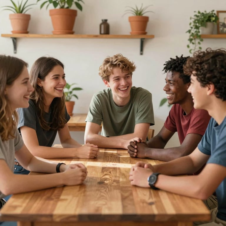Warm, natural daylight illuminating a small group of diverse teenagers laughing and speaking together around a wooden table, relaxed setting with terracotta pots and green plants.