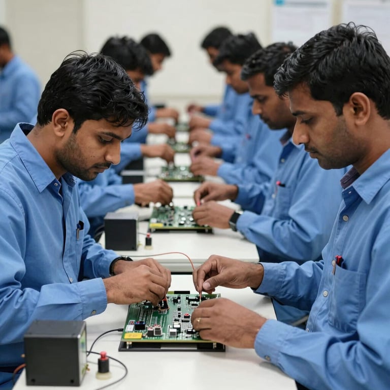 A rows of IPC certified South Asian / Indian technicians in professional blue uniforms performing functional testing on electronic devices.