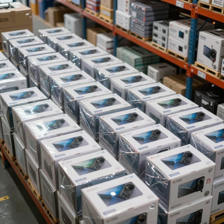 A bright, organized warehouse area in India showcasing perfectly packaged electronic products ready for global shipping.