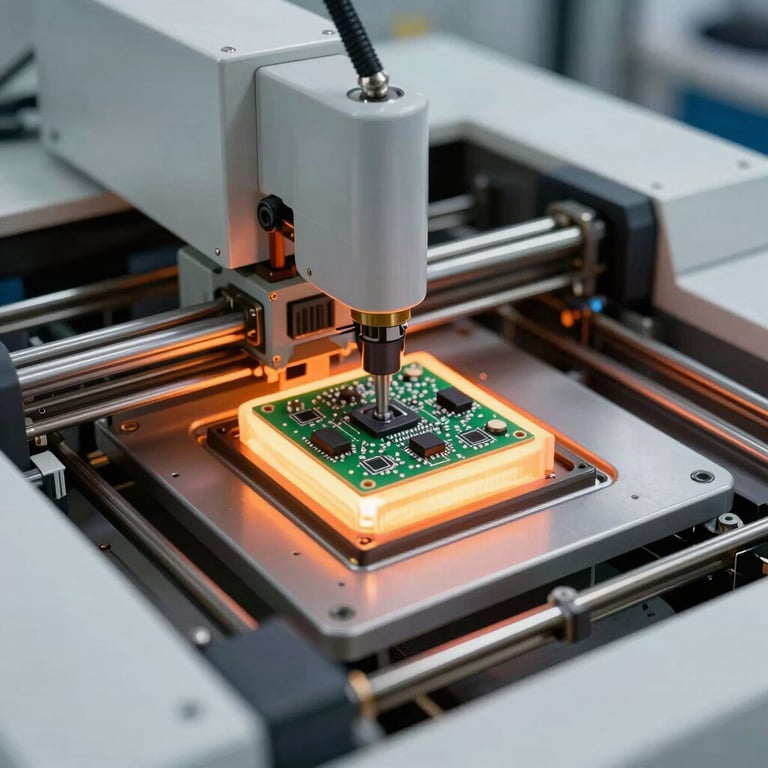 The interior of a 6-zone reflow soldering machine showing intense, controlled heat processing high-frequency antenna boards.
