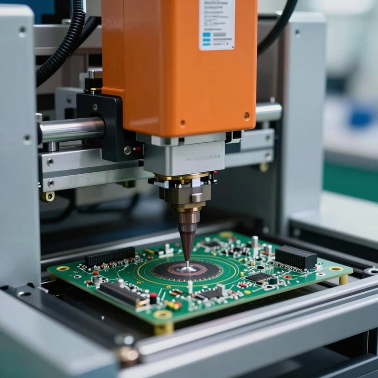 Precision solder paste printing on a high-tech electronics assembly line with orange and silver machinery accents.